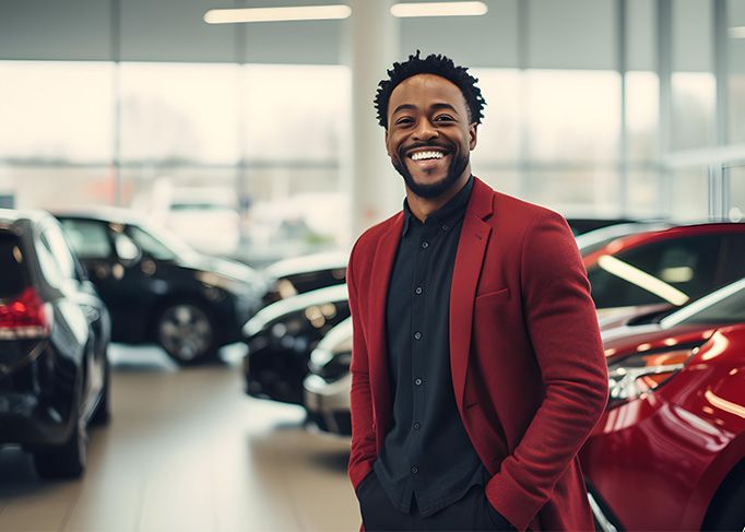Smiling man wearing a red blazer, standing in a car dealership showroom.