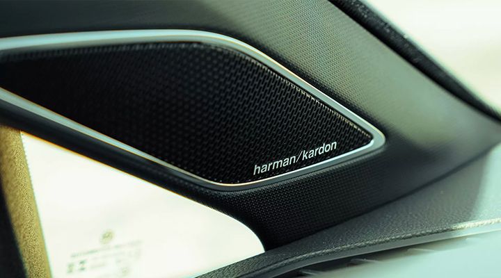 Close-up of a Harman/Kardon branded speaker grille located on the dashboard or interior pillar of the vehicle.