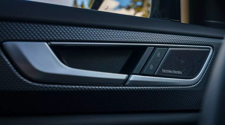 Close-up of the vehicle's interior door handle area, featuring lock/unlock buttons and the Harman/Kardon speaker badge.