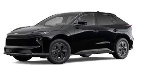 Front three-quarter view of a glossy black Toyota bZ4X, studio shot on a white background.
