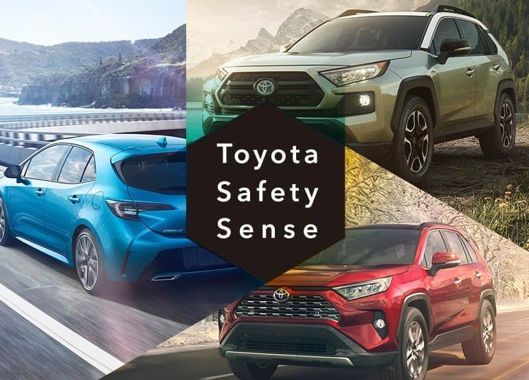 Toyota Safety Sense logo over a background of three modern Toyota cars (Corolla Hatchback and RAV4 models).