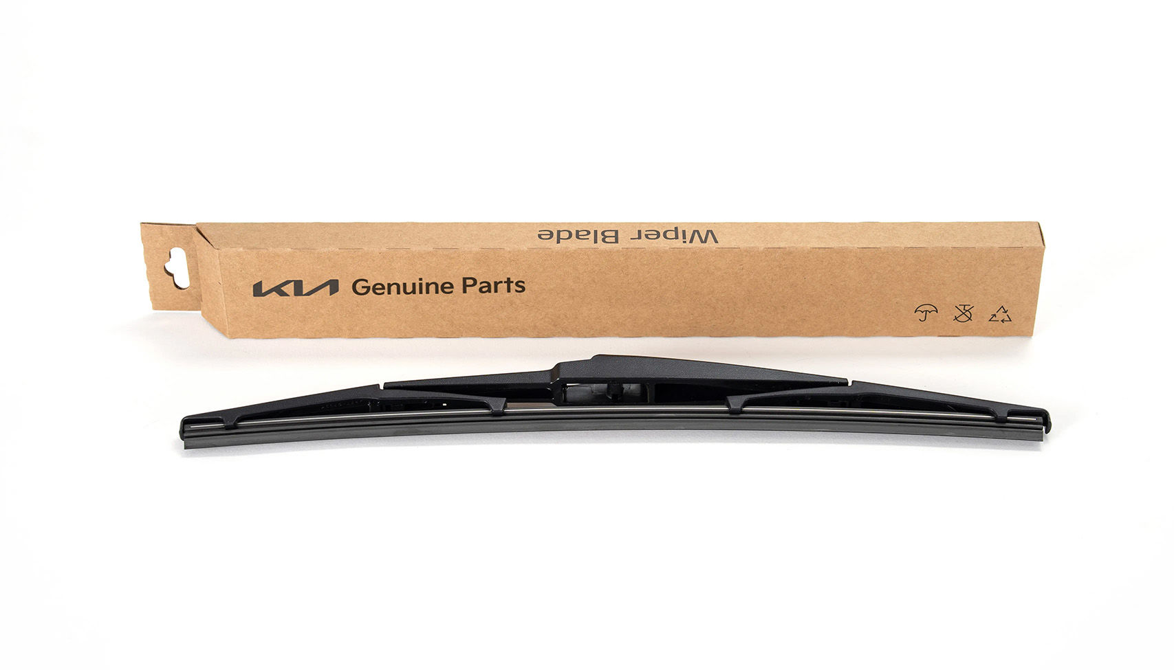 A Kia Genuine Parts wiper blade resting in front of its branded cardboard packaging on a white background.