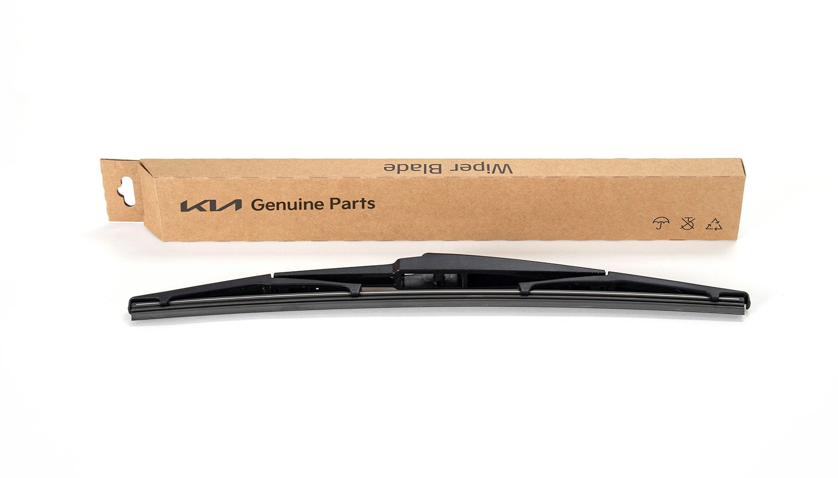 A Kia Genuine Parts wiper blade resting in front of its branded cardboard packaging on a white background.