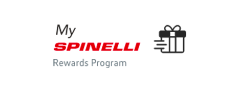 Logo for "My SPINELLI Rewards Program" featuring a black and white gift box icon with motion lines.