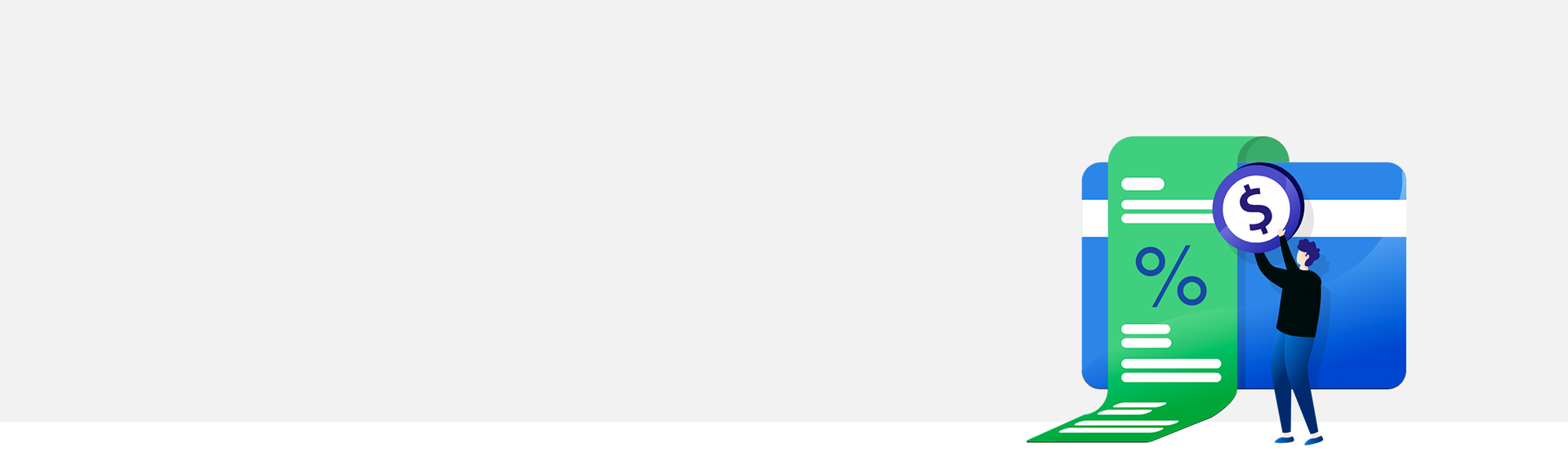 An illustration of a person holding a large dollar coin next to a credit card and a financing document with a percentage symbol.