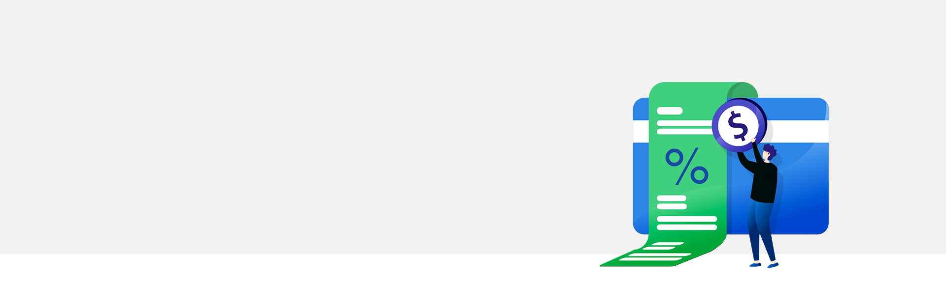 Une illustration d'une personne tenant une pièce de monnaie géante à côté d'une carte de crédit et d'un document de financement avec un symbole de pourcentage.