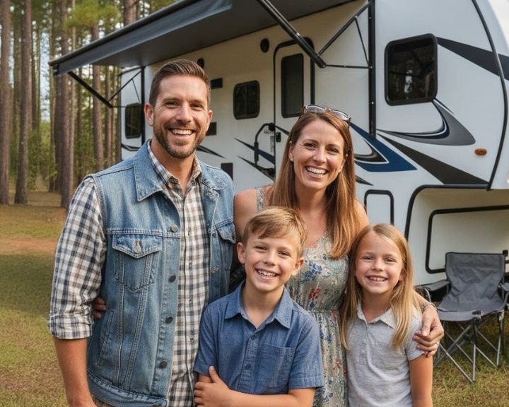 Happy family standing with their RV