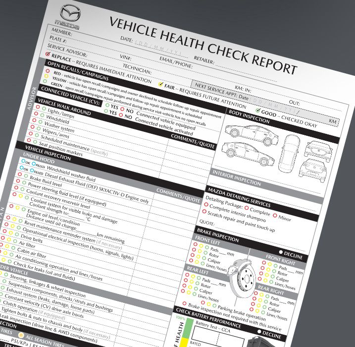 A blank Mazda Vehicle Health Check Report form showing various inspection categories.