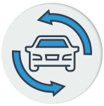 A circular icon featuring a blue and white outline of a car in the center, surrounded by two circular blue arrows pointing in opposite directions, representing a vehicle exchange or trade-in process.