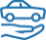 A blue line icon showing a car silhouette floating above an open hand, symbolizing car care, insurance, or vehicle protection.