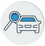 A circular icon showing a blue and white outline of a car being viewed through a large blue magnifying glass, symbolizing a detailed vehicle inspection.