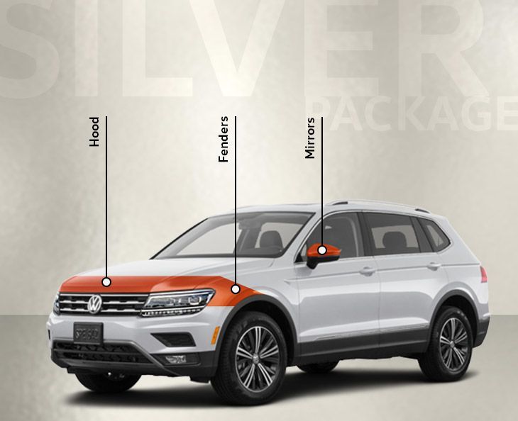 A diagram of a white SUV showcasing the "Silver Package" for paint protection. Orange highlights indicate coverage on the Hood, Fenders, and Mirrors.