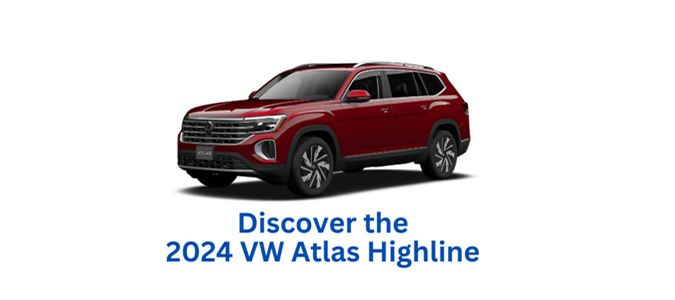 A front-side view of a red 2024 Volkswagen Atlas Highline on a white background, with blue text below that reads "Discover the 2024 VW Atlas Highline."