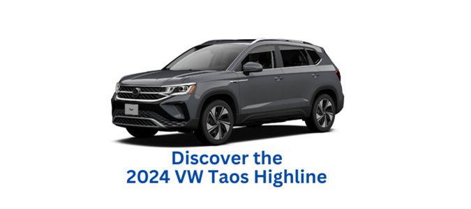 A front-side view of a grey 2024 Volkswagen Taos Highline on a white background, with blue text below that reads "Discover the 2024 VW Taos Highline."