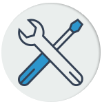 A circular icon featuring a crossed wrench and screwdriver in blue and grey, representing vehicle maintenance, repair, or reconditioning services.