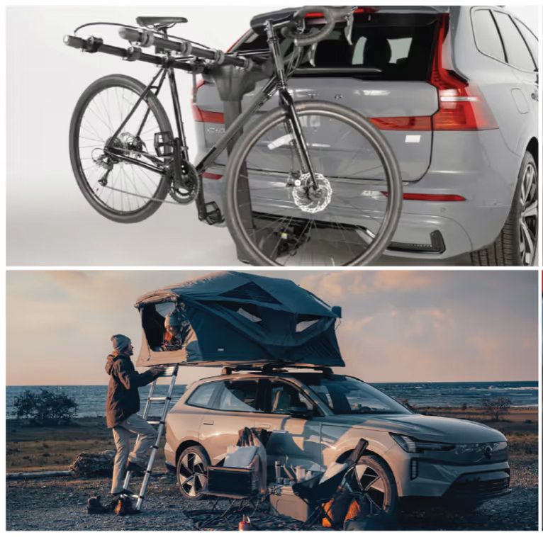A split image. Top: A close-up of a bicycle mounted on a trunk-mounted rack on the back of a grey Volvo SUV. Bottom: A person stands on a small ladder next to a grey Volvo SUV with a rooftop tent deployed on the roof rack, parked by the water at sunset.