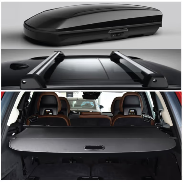 A triple-panel image of Volvo accessories. Top: A close-up of a sleek, black cargo box for a roof rack. Middle: A view of two black roof rack crossbars installed on a car roof. Bottom: An interior view of the cargo area of an SUV, showing the black cargo cover/privacy screen pulled out and secured over the trunk area, with brown and black seats visible in the background.