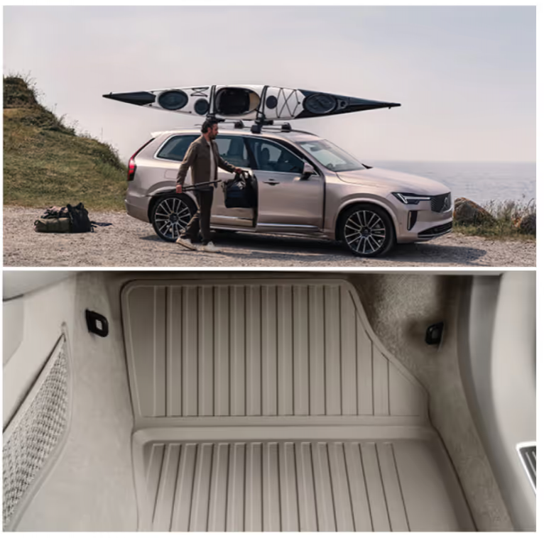 A split image. Top: A person stands next to a gold-colored Volvo SUV with a folded kayak strapped to the roof rack, parked on a gravel road by the sea. Bottom: A close-up view of a light-colored, fitted rubber trunk liner inside the cargo area of a Volvo.