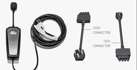 Studio shot of the Ford Mobile Charger kit, including the main unit, cable, and interchangeable 120V and 240V connectors.