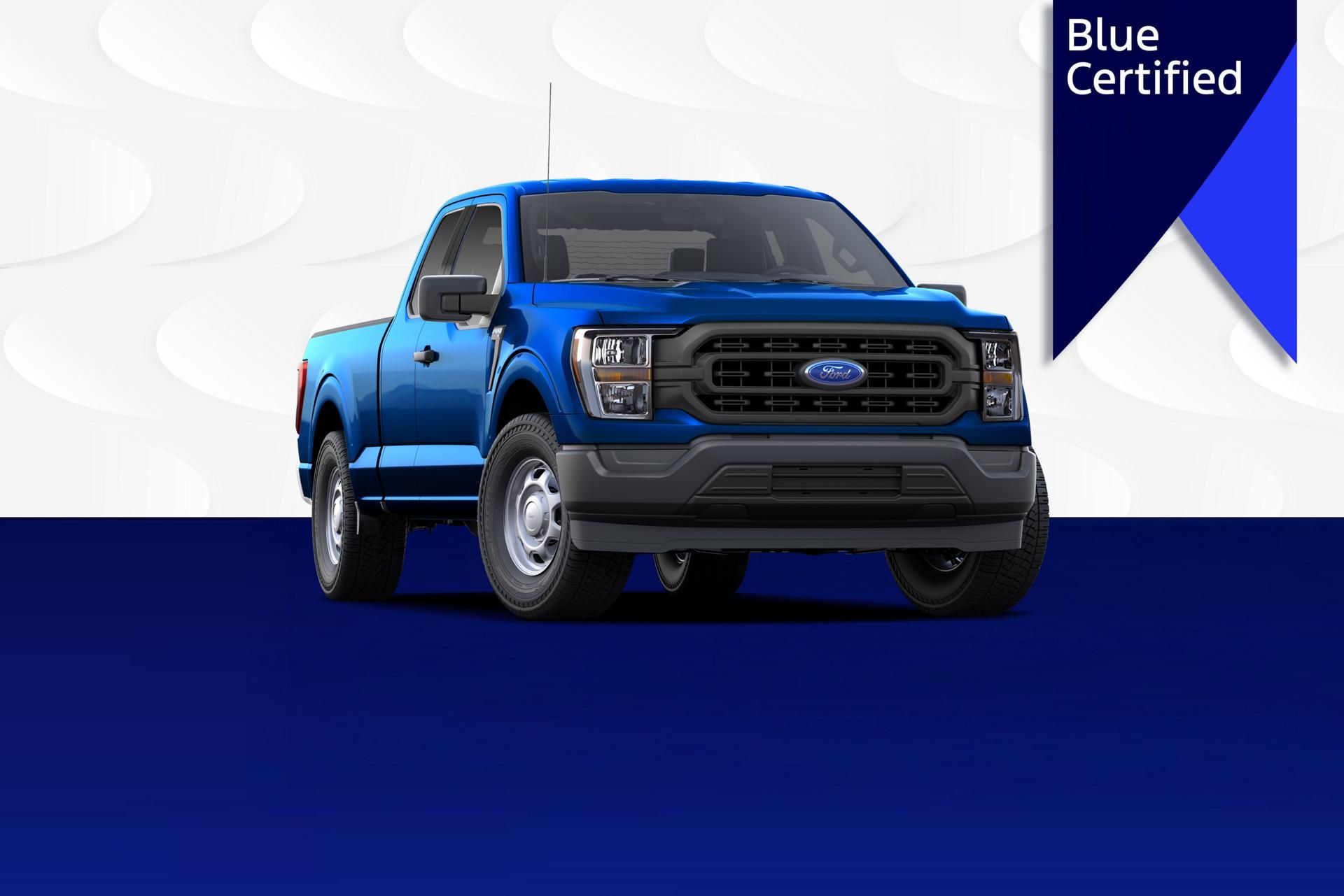 Blue Ford F-150 pickup truck on a blue and white background with a Ford Blue Certified ribbon logo