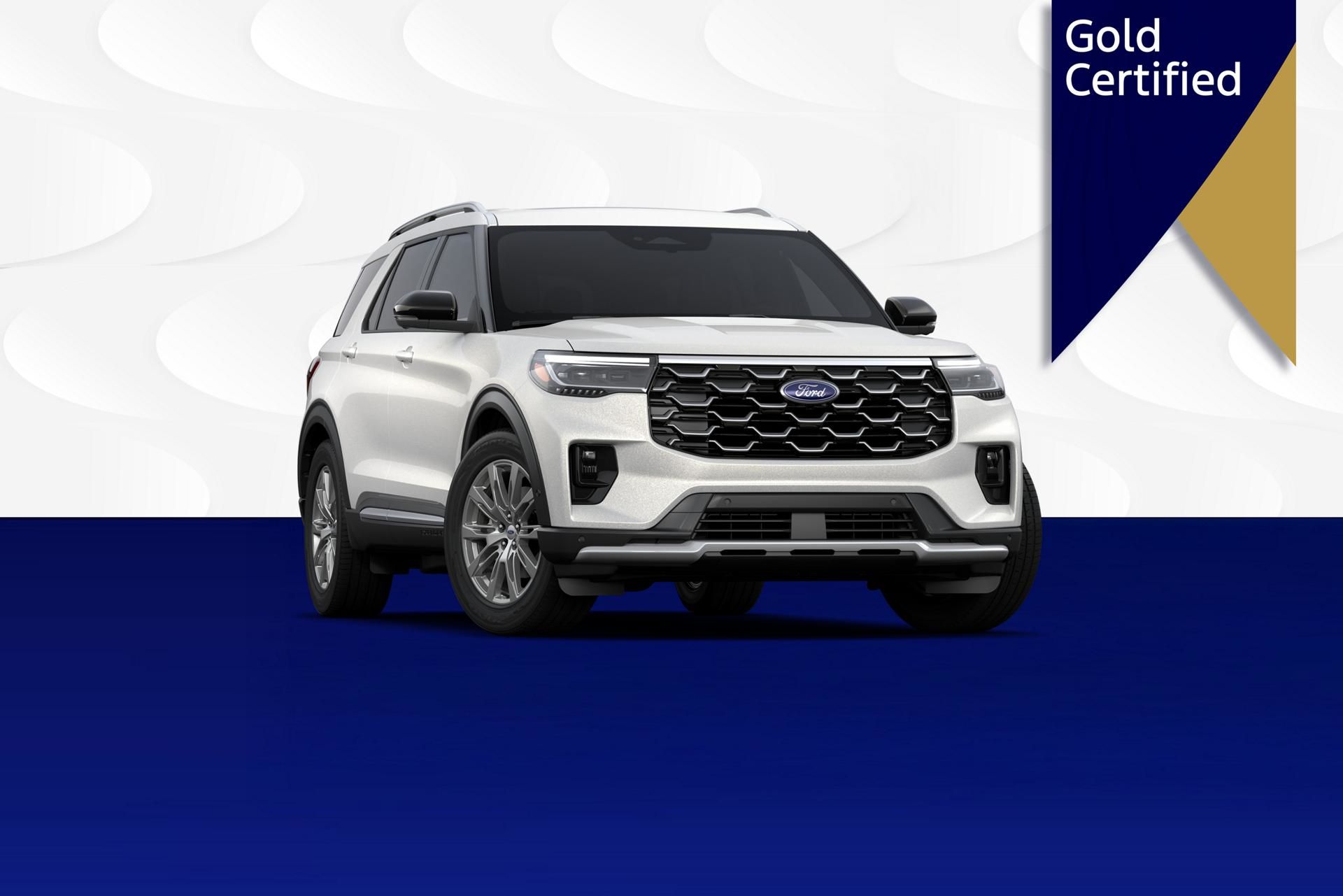 White Ford Explorer SUV on a blue and white background with a Ford Gold Certified ribbon logo.