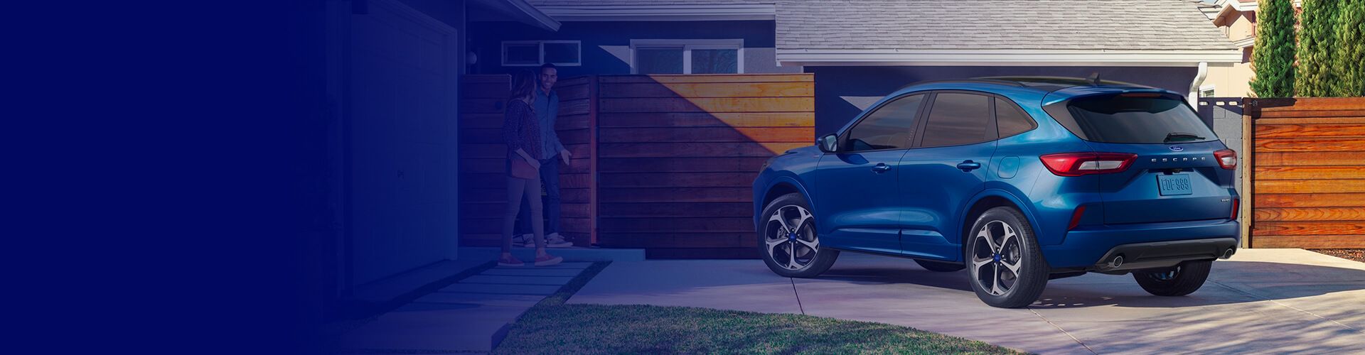 A blue Ford Escape SUV parked in a driveway in front of a house, featuring a dark blue gradient overlay on the left