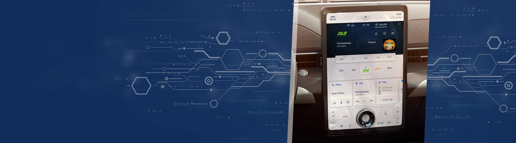 Blue technology banner with circuit board patterns on the left and right, framing a central photo of a large vertical car infotainment touchscreen display.
