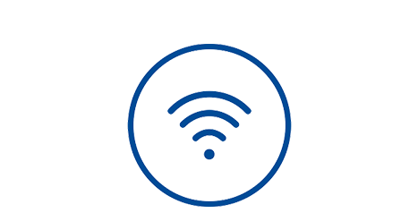 Blue Wi-Fi signal icon inside a circle.