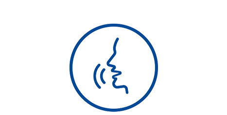 Icône bleue représentant un profil de visage parlant avec des ondes sonores, entouré d'un cercle.