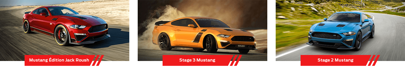 Three Roush-modified Ford Mustang sports cars (red, orange, and blue) driving on roads.