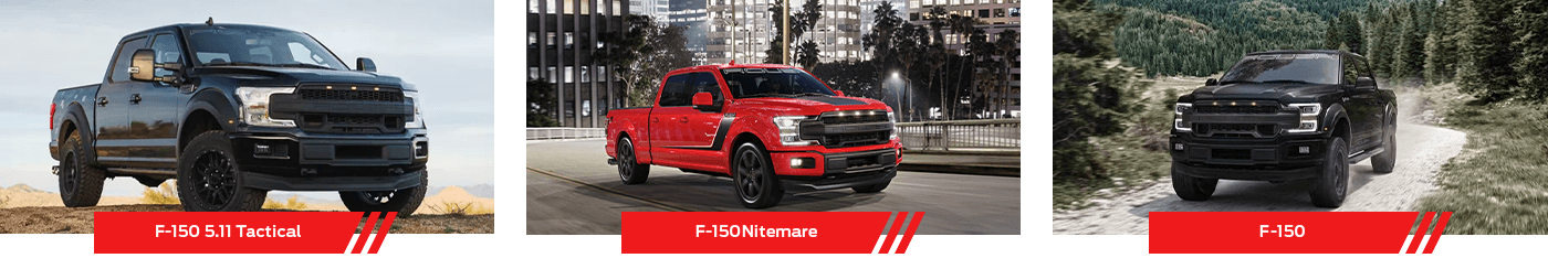 Three Roush-modified Ford F-150 pickup trucks (black Tactical, red Nitemare, and black F-150).