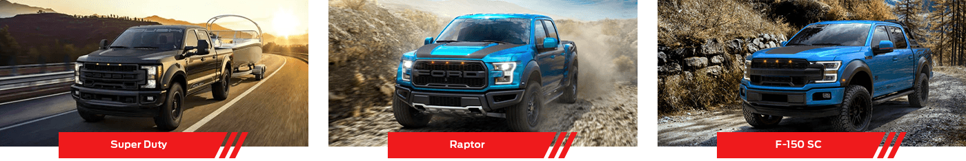 Three Roush-modified Ford trucks: a black Super Duty towing a boat, a blue Raptor, and a blue F-150 SC.