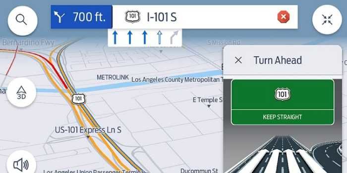 Screenshot of a GPS navigation system displaying a road map of Los Angeles and lane guidance instructions for the I-101 S highway.