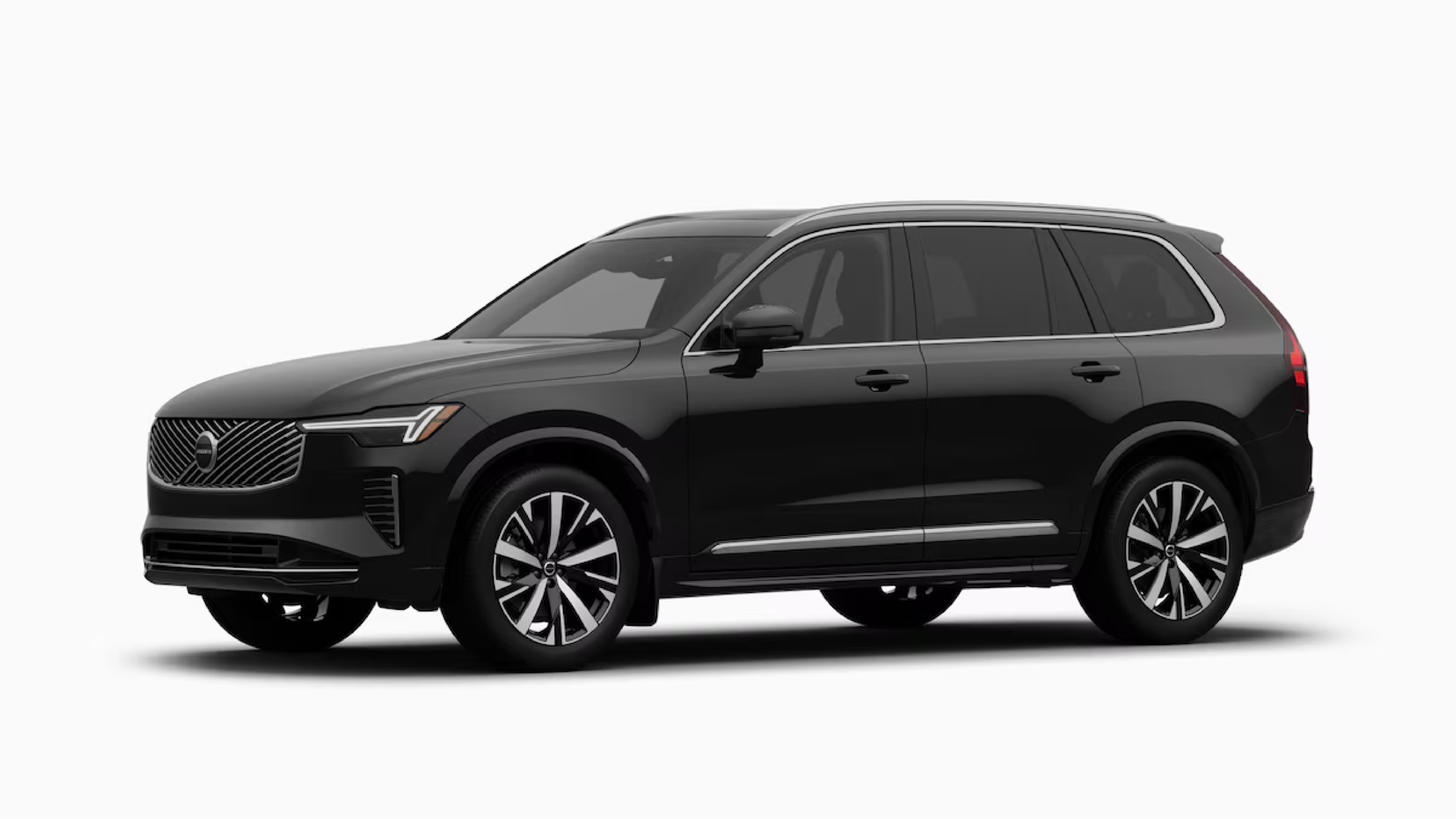 Studio profile view of a black Volvo XC90 SUV, showcasing its sleek 3-row design, chrome trim, and multi-spoke alloy wheels against a white background.
