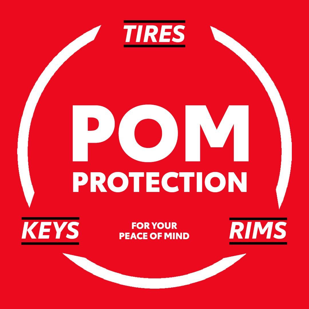 A red square graphic with a white circular arrow. In the center, "POM" is written in large white letters above "PROTECTION" in smaller white letters. Around the circle, at the top, is "TIRES", on the bottom left "KEYS", and on the bottom right "RIMS". Below "POM PROTECTION" and above "RIMS" and "KEYS" it says "FOR YOUR PEACE OF MIND" in small black letters.