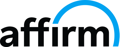  The logo for Affirm, a fintech company, featuring the brand name in lowercase, bold, black sans-serif typography. A vibrant blue semi-circular arc starts above the letter "i" and curves gracefully over the rest of the word, ending just past the final "m" on the right.