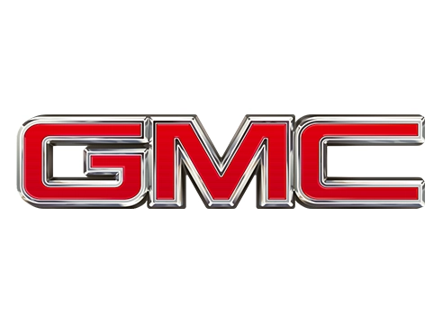Logo chromé avec les lettres rouges en relief de la marque GMC.