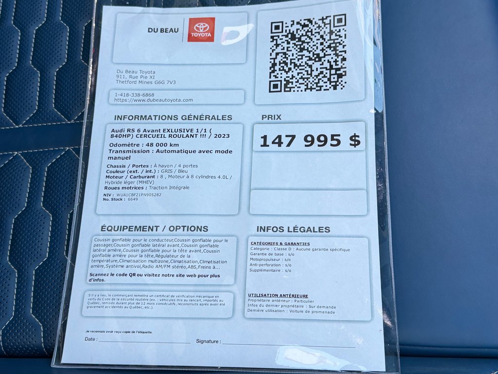 2023 Audi RS 6 Avant EXLUSIVE  1/1 ( 840HP) CERCUEIL ROULANT !!! / in Thetford Mines, Quebec - 4 - w1024h768px