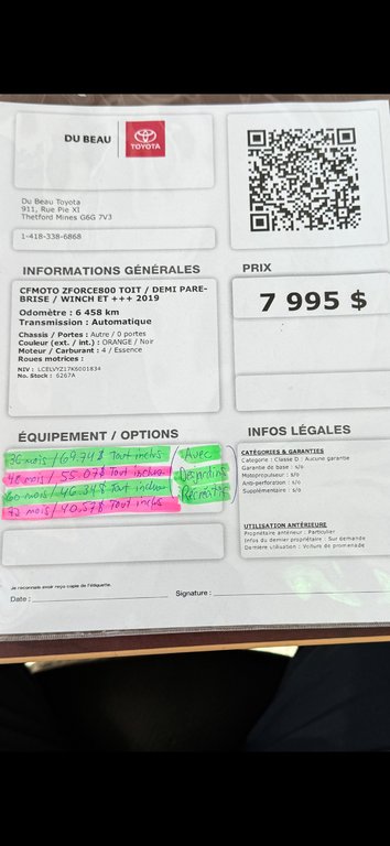 2019 CFMOTO ZFORCE800 TOIT*DEMI PARE-BRISE*WINCH*4x4*40,57$/sem TOUT INCLUS WOW !!! / in Thetford Mines, Quebec - 55 - w1024h768px