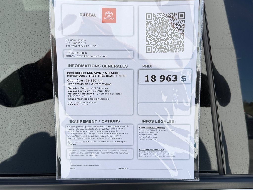 2020 Ford Escape SEL AWD / ATTACHE REMORQUE / TRÈS TRÈS BEAU / in Thetford Mines, Quebec - 4 - w1024h768px