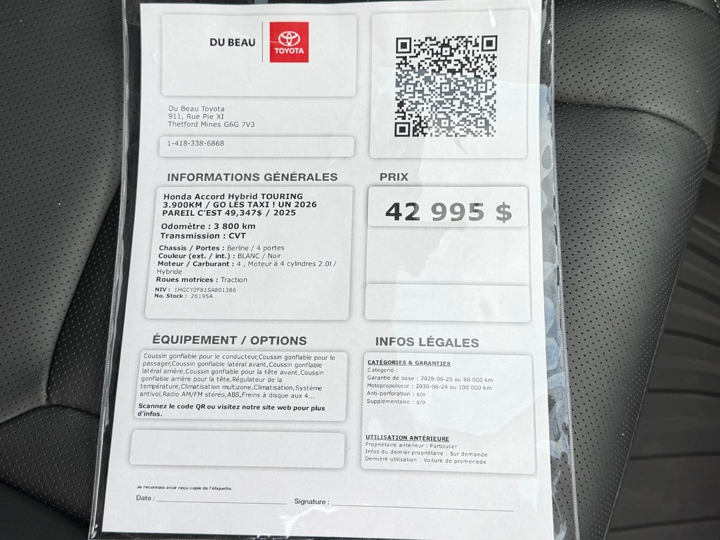Honda Accord Hybrid TOURING 3.900KM / GO LES TAXI ! UN 2026 PAREIL C’EST 49,347$ / 2025 à Thetford Mines, Québec - 4 - w1024h768px