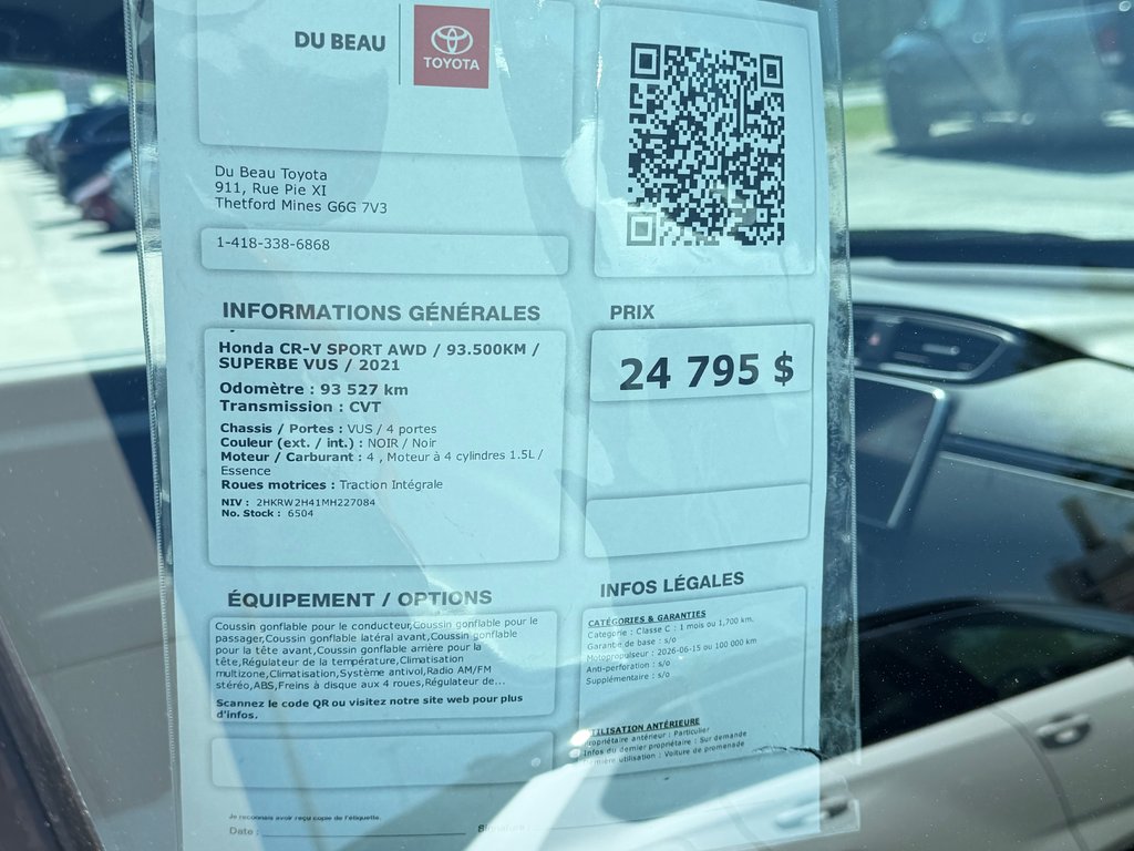 2021 Honda CR-V SPORT AWD / 93.500KM / SUPERBE VUS / in Thetford Mines, Quebec - 4 - w1024h768px