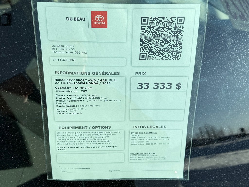 Honda CR-V SPORT AWD / GAR. FULL 07-10-28=100KM HONDA / 2023 à Thetford Mines, Québec - 4 - w1024h768px