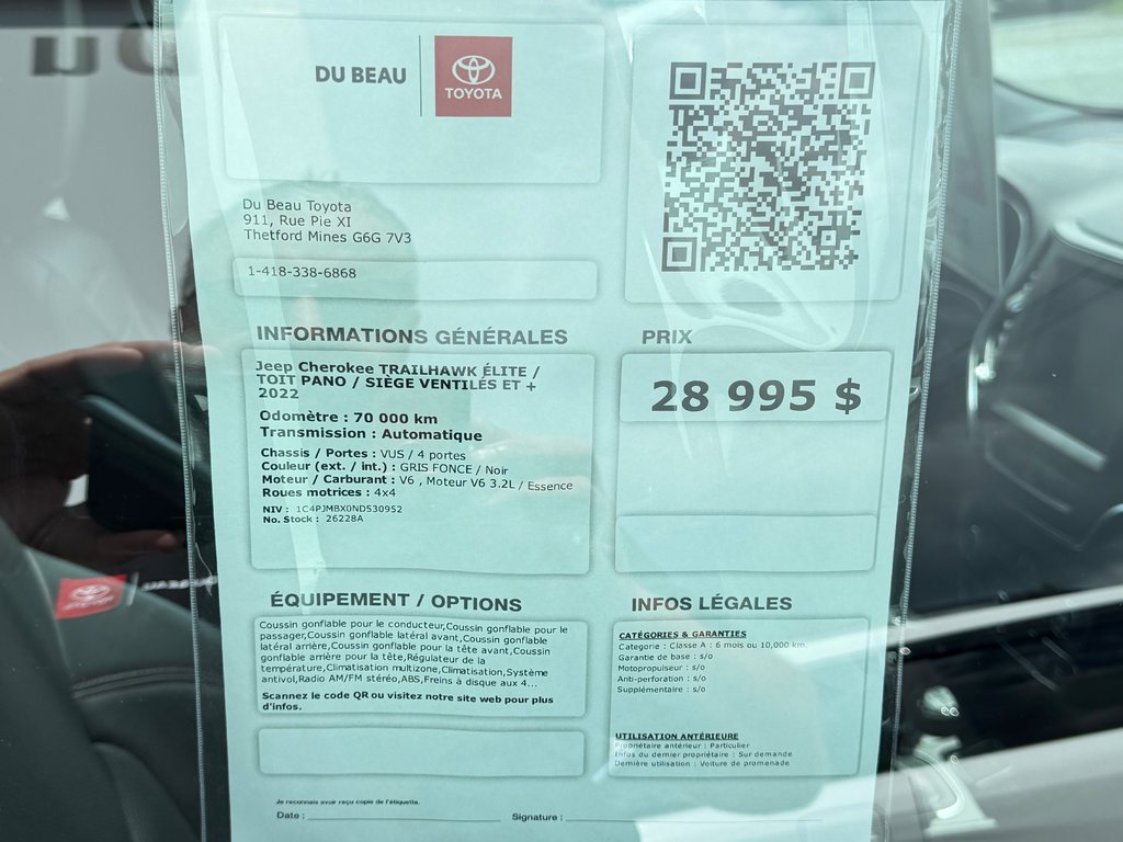 Jeep Cherokee TRAILHAWK ÉLITE / TOIT PANO / SIÈGE VENTILÉS ET + 2022 à Thetford Mines, Québec - 4 - w1024h768px