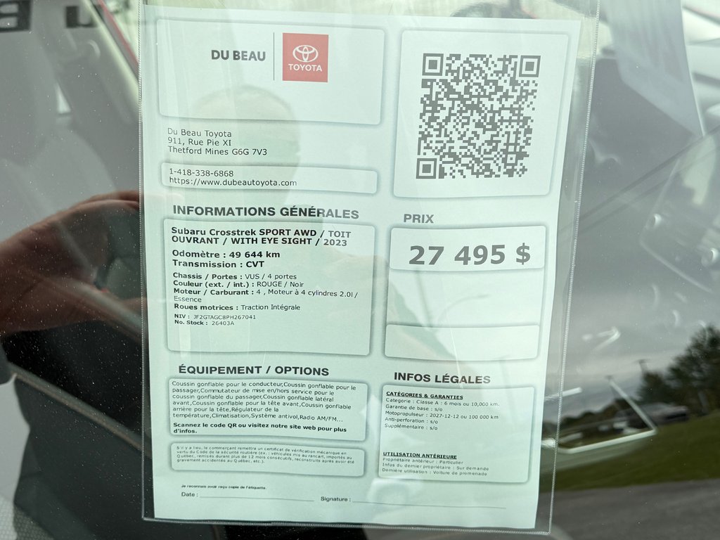 2023 Subaru Crosstrek SPORT AWD / TOIT OUVRANT / WITH EYE SIGHT / in Thetford Mines, Quebec - 4 - w1024h768px