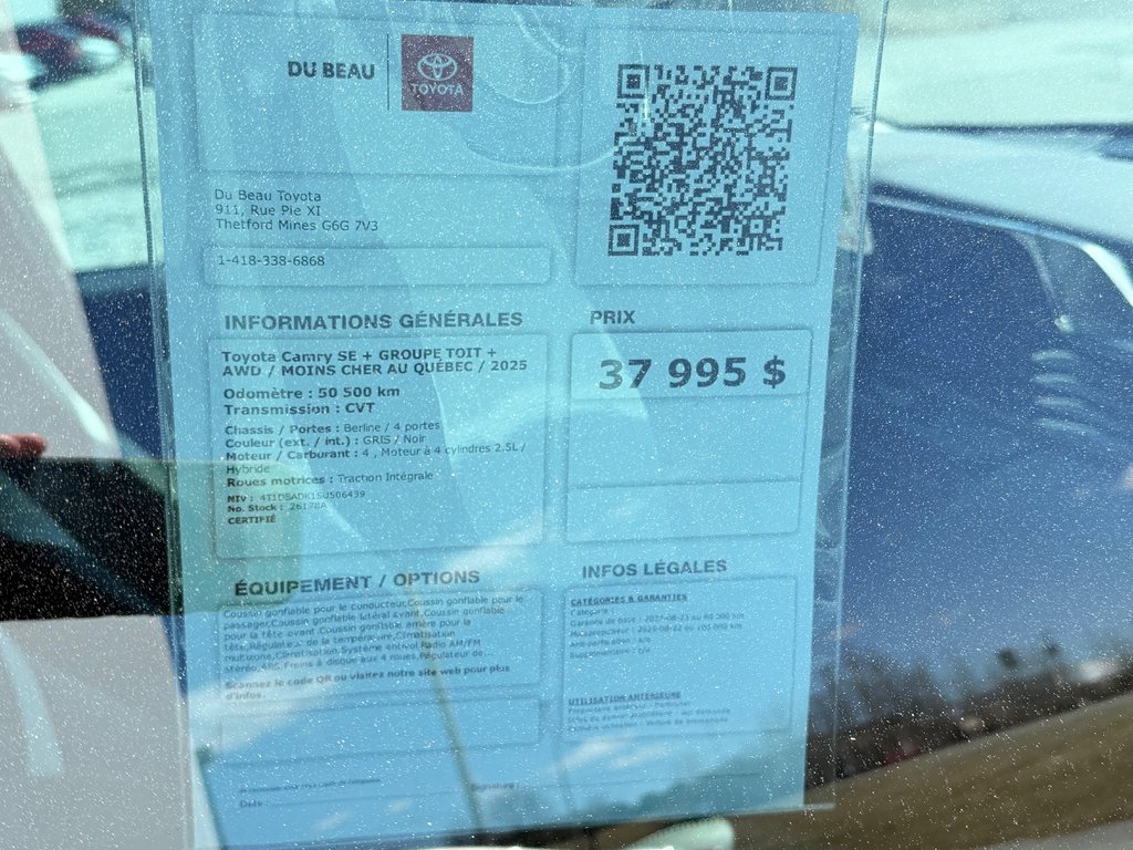 2025 Toyota Camry SE + GROUPE TOIT + AWD / MOINS CHER AU QUÉBEC / in Thetford Mines, Quebec - 4 - w1024h768px