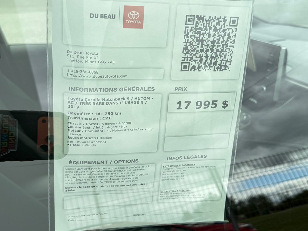 2019 Toyota Corolla Hatchback S / AUTOM / AC / TRÈS RARE DANS L' USAGÉ !! / in Thetford Mines, Quebec - 4 - w1024h768px