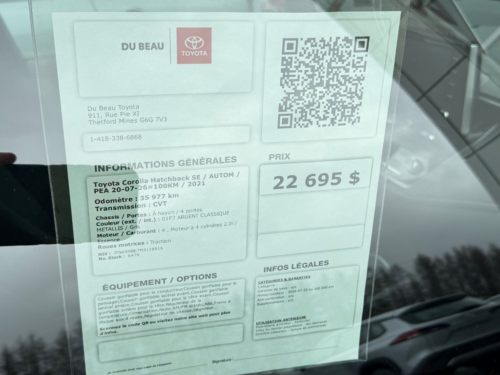 2021 Toyota Corolla Hatchback SE / AUTOM / PEA 20-07-26=100KM / in Thetford Mines, Quebec - 4 - w1024h768px