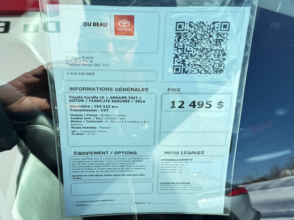 Toyota Corolla LE + GROUPE TOIT / AUTOM / SOFTEX / GPS / 2014 à Thetford Mines, Québec - 4 - w1024h768px