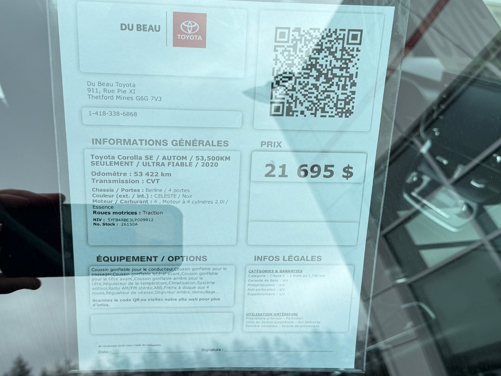 Toyota Corolla SE / AUTOM / 53,500KM SEULEMENT / ULTRA FIABLE / 2020 à Thetford Mines, Québec - 4 - w1024h768px